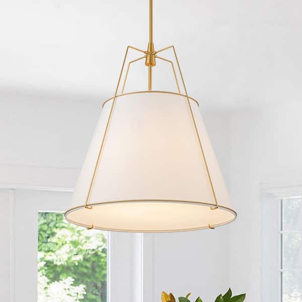Haven Modern Farmhouse 4-Light Brass Frame Pendant Light with White Fabric Shade for Hallway or Kitchen