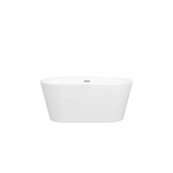 VANITYFUS 59 in. x 29.5 in. Oval Acrylic Freestanding Soaking Bathtub with Pop-Up Drain and PVC Drainpipe in Glossy White