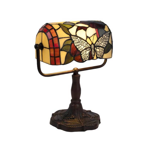 Lavish Home 12.5 in. Multi-Colored Tiffany Style LED Bankers Lamp with Butterfly Design