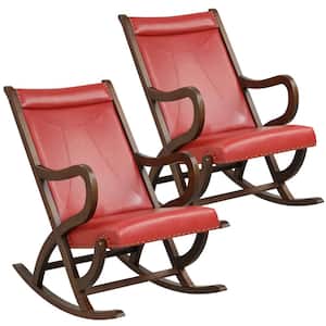 Wood Outdoor Rocking Chair with PU Cushion Red Modern Rocker w/Rubber Wood Frame Red (Set of 2)