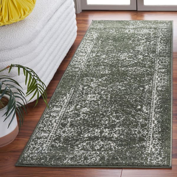 Adirondack Dark Green/Ivory 3 ft. x 8 ft. Border Distressed Runner Rug