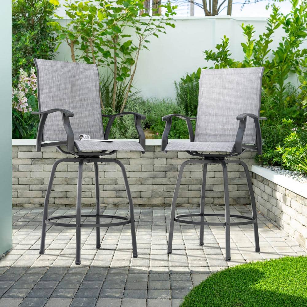 Gray Textilene Swivel Outdoor Bar Stools with High Backrest