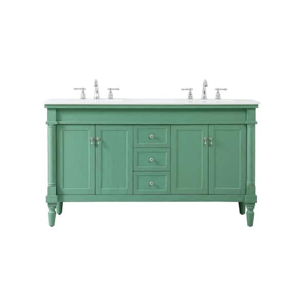 Unbranded Simply Living 60 in. W x 21.5 in. D x 35 in. H Bath Vanity in Vintage Mint with Ivory White Engineered Marble