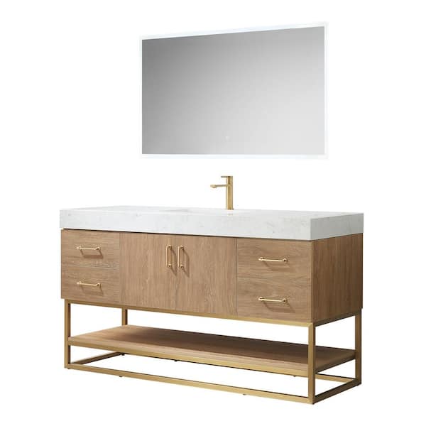 Alistair 60 in. W x 22 in. D x 33.9 in. H Single Sink Bath Vanity in N.A Oak with White Composite Stone Top and Mirror
