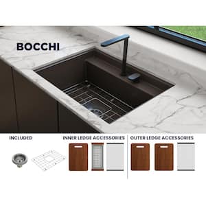 Baveno Uno Matte Brown Fireclay 27 in. Single Bowl Undermount/Drop-In 2-hole Kitchen Sink w/Integrated WS and Acc.