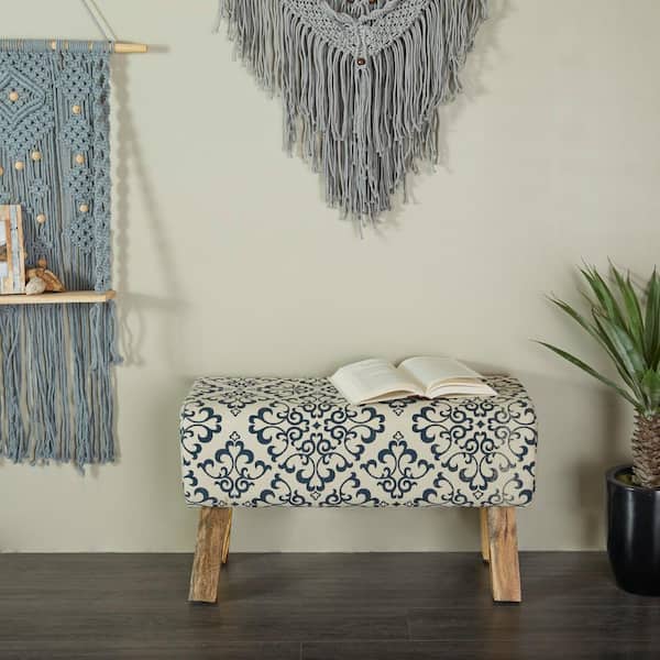 Litton Lane Cream Upholstered Scroll Bench with Tapered Wooden Legs 15 in. X 18 in. X 33 in.