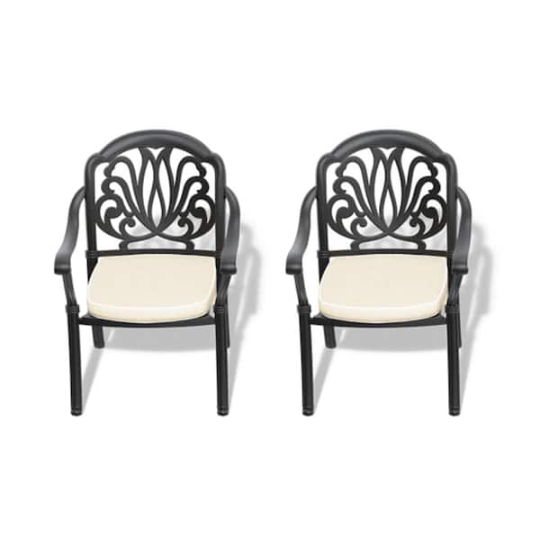 2-Piece Outdoor Cast Aluminum Black Dining Chairs with Random Colors Cushions for Patio Balcony and Backyard