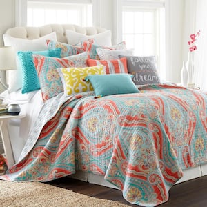 Greenwich Multi 3-Piece Coral, Teal Damask Paisley Cotton Full/Queen Quilt Set