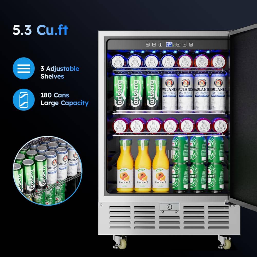 Silver Stainless Steel Single Zone Beverage Cooler with LED Controls