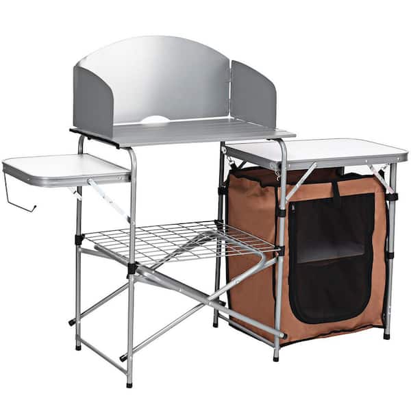 Costway Foldable Camping Table Outdoor BBQ Portable Grilling Stand with Windscreen Bag Chair