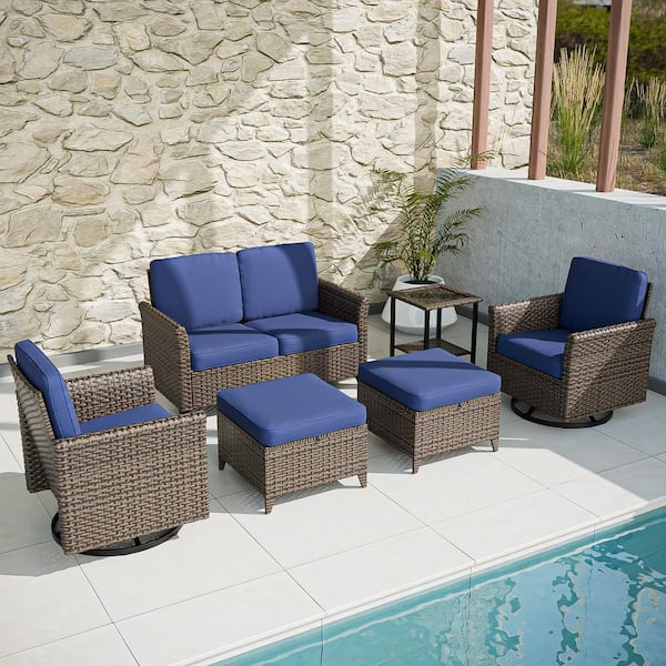 Brown Rattan Wicker 6-Piece Outdoor Patio Conversation Set with Blue Cushions, Side Table, Ottomans