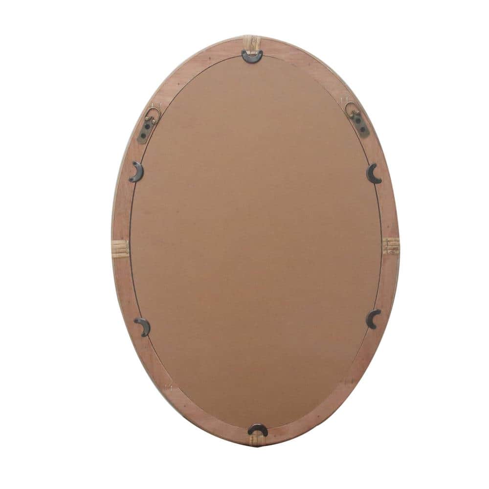 Brown Oval Rattan and Wood Decorative Wall Mirror with Resin Bead Accent