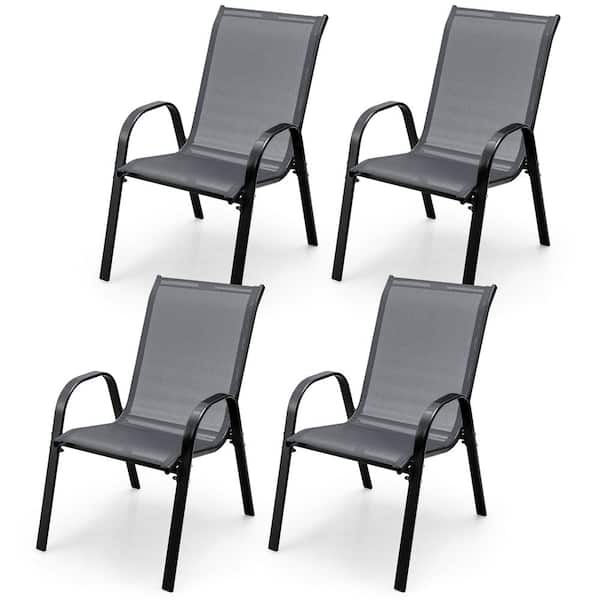 Costway Metal Outdoor Dining Chairs Stackable Armrest Space Saving Garden in Grey (Set of 4)