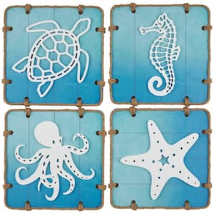 Wooden Blue Ombre Sea Life Wall Art with Rope Accents Set of 4