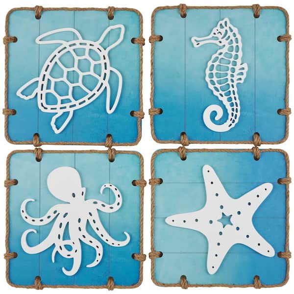 Litton Lane Wooden Blue Ombre Sea Life Wall Art with Rope Accents Set of 4
