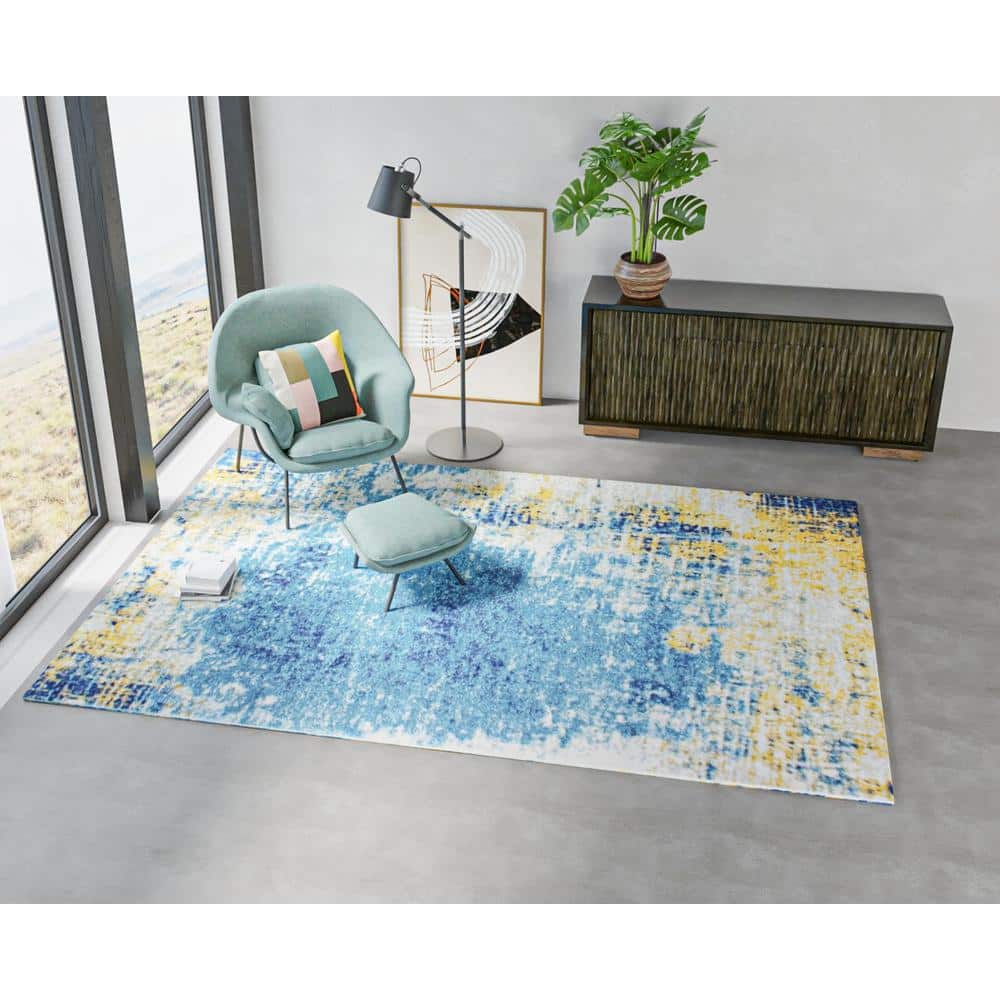 Blue and Yellow Abstract 9' x 12' Synthetic Area Rug