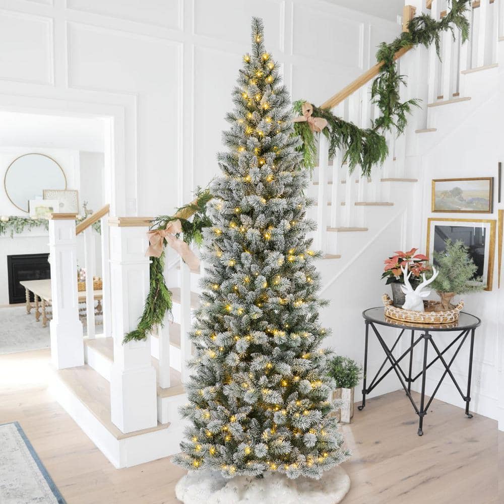 9' White Flocked Pine Christmas Tree with Multicolored Lights