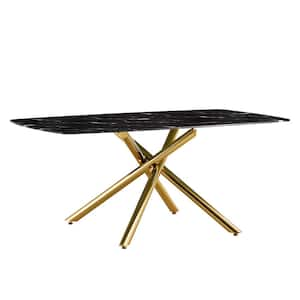 Black Tempering Glass Top Material 70.87 in. Golden Cross Legs Table Base Type Dining Table Seats 6