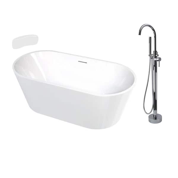 Transolid Maris 59 in. x 31.125 in. Soaking Bathtub with Center Drain in Gloss White/Polished Chrome with Faucet and Pillow