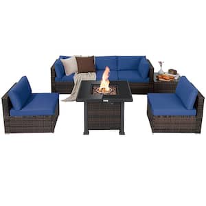 7-Piece Plastic Wicker Patio Conversation Set with Navy Cushion Fire Pit Table Cover Glass Top