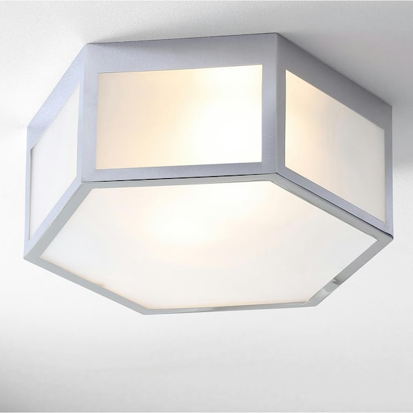 JONATHAN Y Moderno 15.75 in. Chrome Hexagon Metal/Frosted Glass LED Flush Mount
