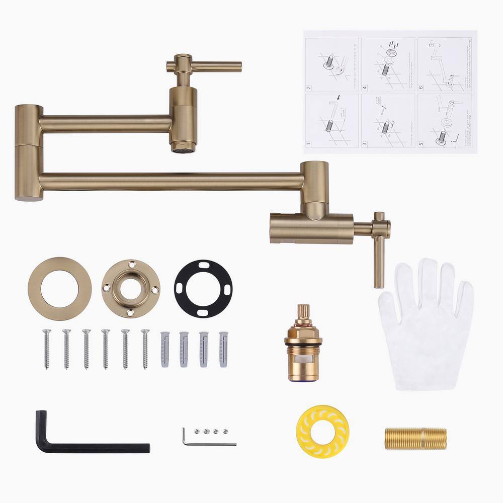 Brushed Gold Brass Wall Mount Double Handle Pot Filler Faucet