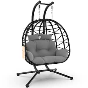 Double Black Egg Chair Patio Hanging Basket Chair, Rattan Wicker Swing Chair with UV Resistant Grey Cushion and Pillow