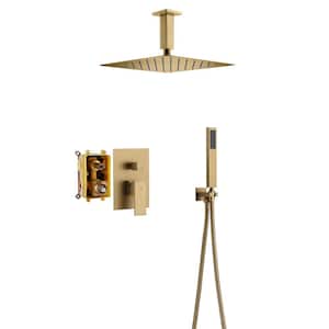 1-Spray Patterns with 10 in. Ceiling Mount Dual Shower Heads with Hand Shower Faucet in Brushed Gold (Valve Included)
