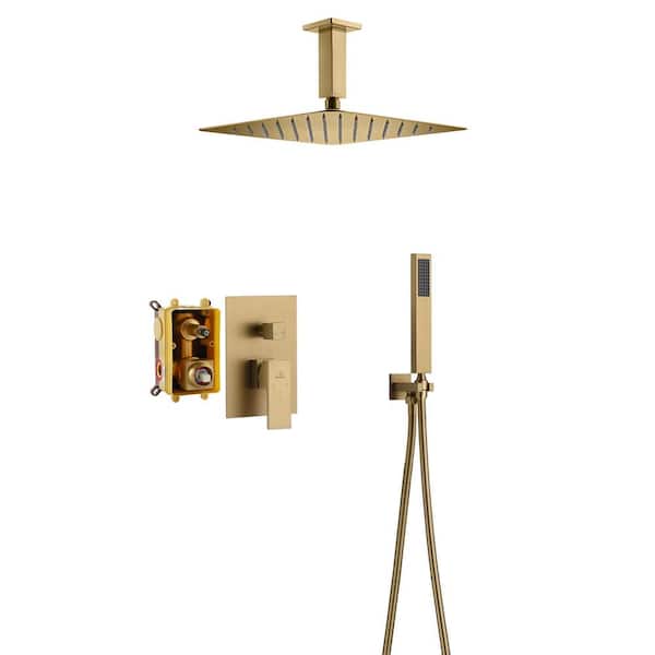CASAINC 1-Spray Patterns with 10 in. Ceiling Mount Dual Shower Heads with Hand Shower Faucet in Brushed Gold (Valve Included)