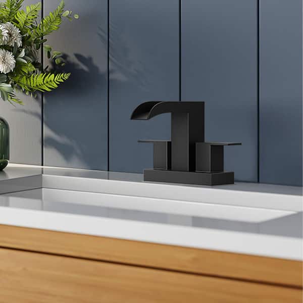 4 in. Centerset Double Handle Bathroom Faucet with ‎Waterfall in Matte Black