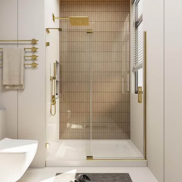50-54 in. W x 70 in. H Frameless Pivot Shower Door in Brushed Gold with 5/16 in. Clear Glass