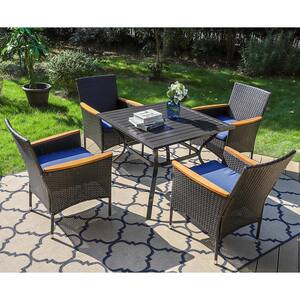 Black 5-Piece Metal Patio Outdoor Dining Set with Slat Square Table and Rattan Chairs with Blue Cushion