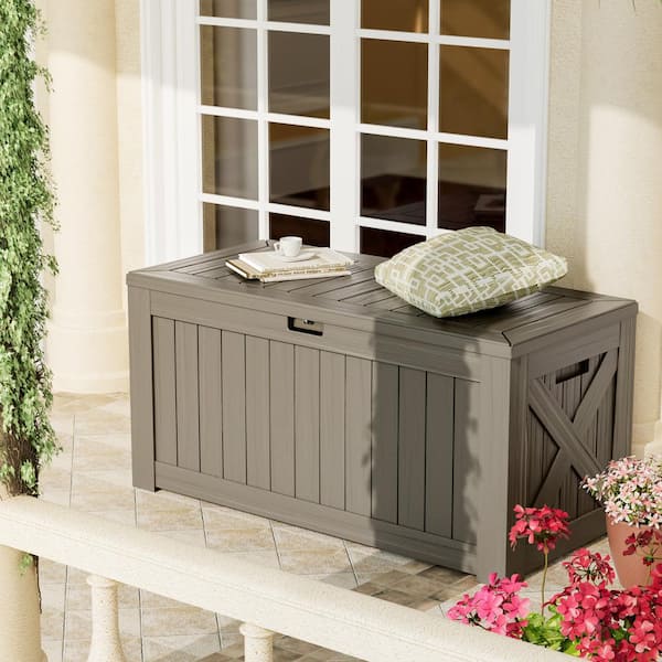 Tozey 122 Gal. Outdoor Storage Box Plastic Resin Deck Box, Mocha T