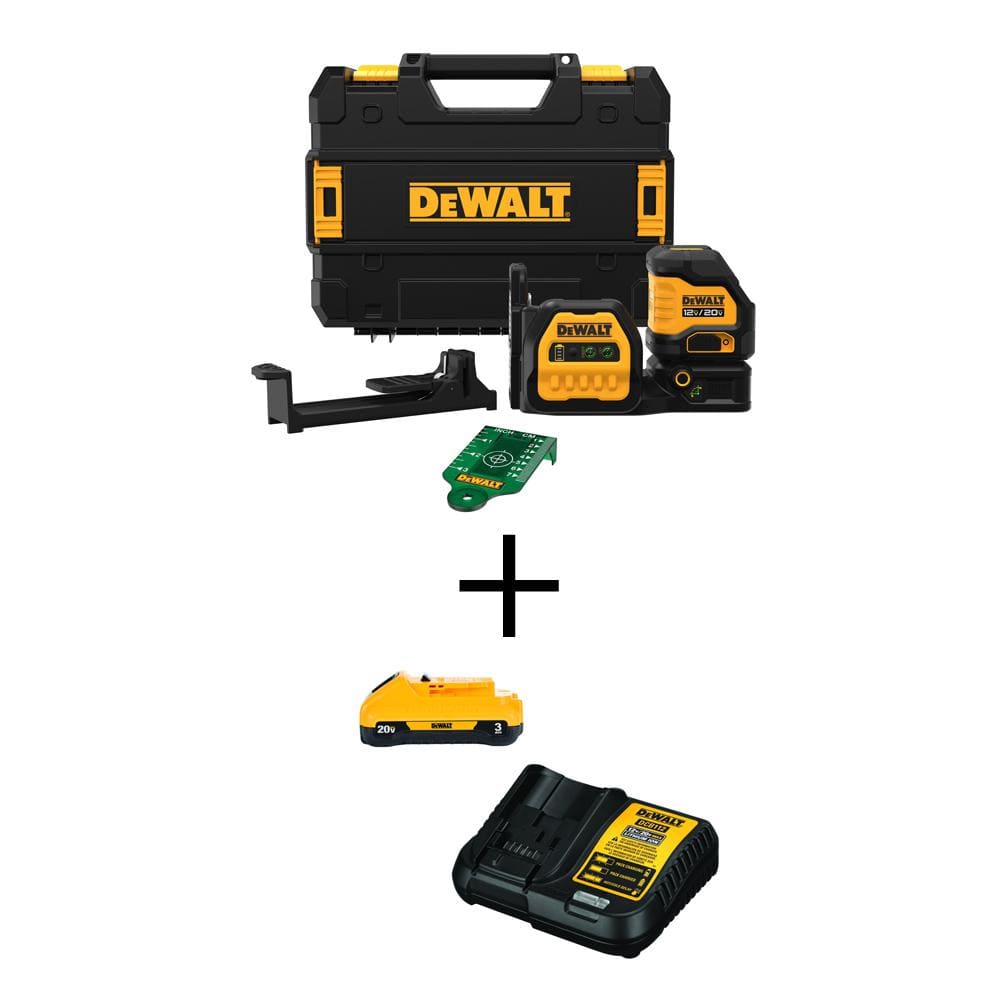 DEWALT 20V MAX Cordless 280 ft. Green Cross-Line Laser Level with Compact Lithium-Ion 3.0Ah Battery and 12V to 20V MAX Charger -  DCLE34020GBW30C