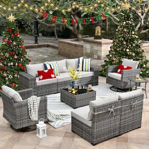 Tahoe Grey 9-Piece Wicker Wide Arm Outdoor Patio Conversation Sofa Set with Swivel Rocking Chairs and Beige Cushions