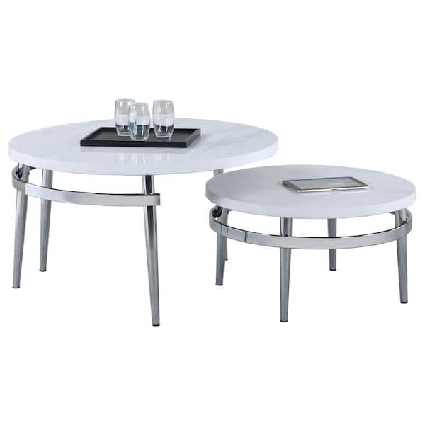 Coaster Avilla 35.75 in. White and Chrome Round Faux Carrara Marble Nesting Coffee Table