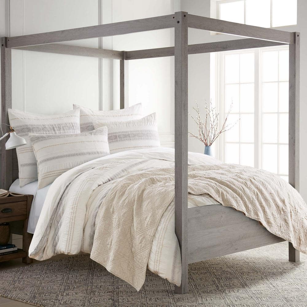 Pickford 3-Piece Grey, Taupe, Cream Stripe, Geometric Cotton Full/Queen Duvet Cover Set