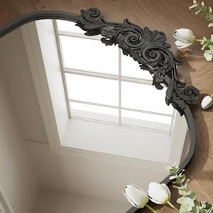 24 in. W x 38 in. H Arched Black Metal Framed with Carved Decoration Vanity Mirror Wall Mirror