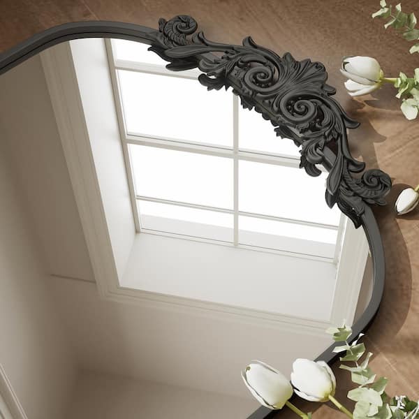 26 in. W x 41 in. H Arched Black Metal Framed with Carved Decoration Vanity Mirror Wall Mirror