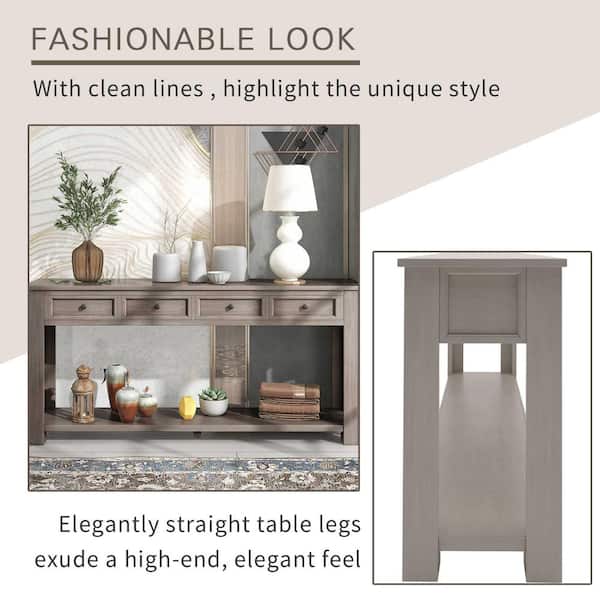63 in. Gray Wash Rectangle Wood Console Table with Storage Drawers and Bottom Shelf for Entryway Hallway Gray Wash