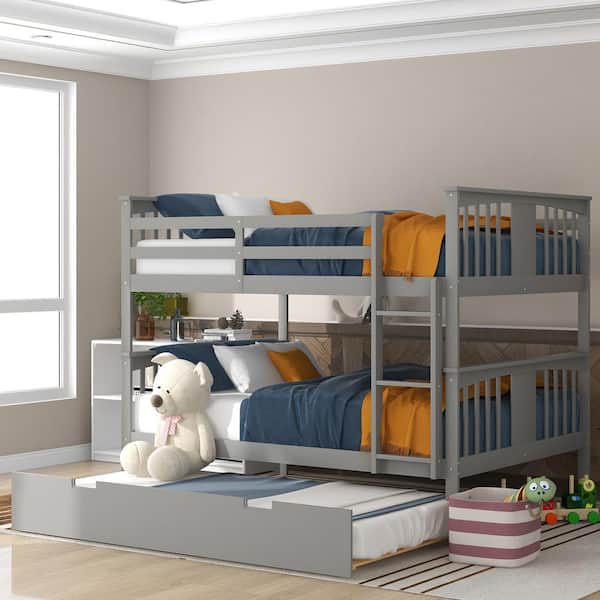 Qualler Gray Full Over Full Bunk Bed with Twin Size Trundle and Ladder
