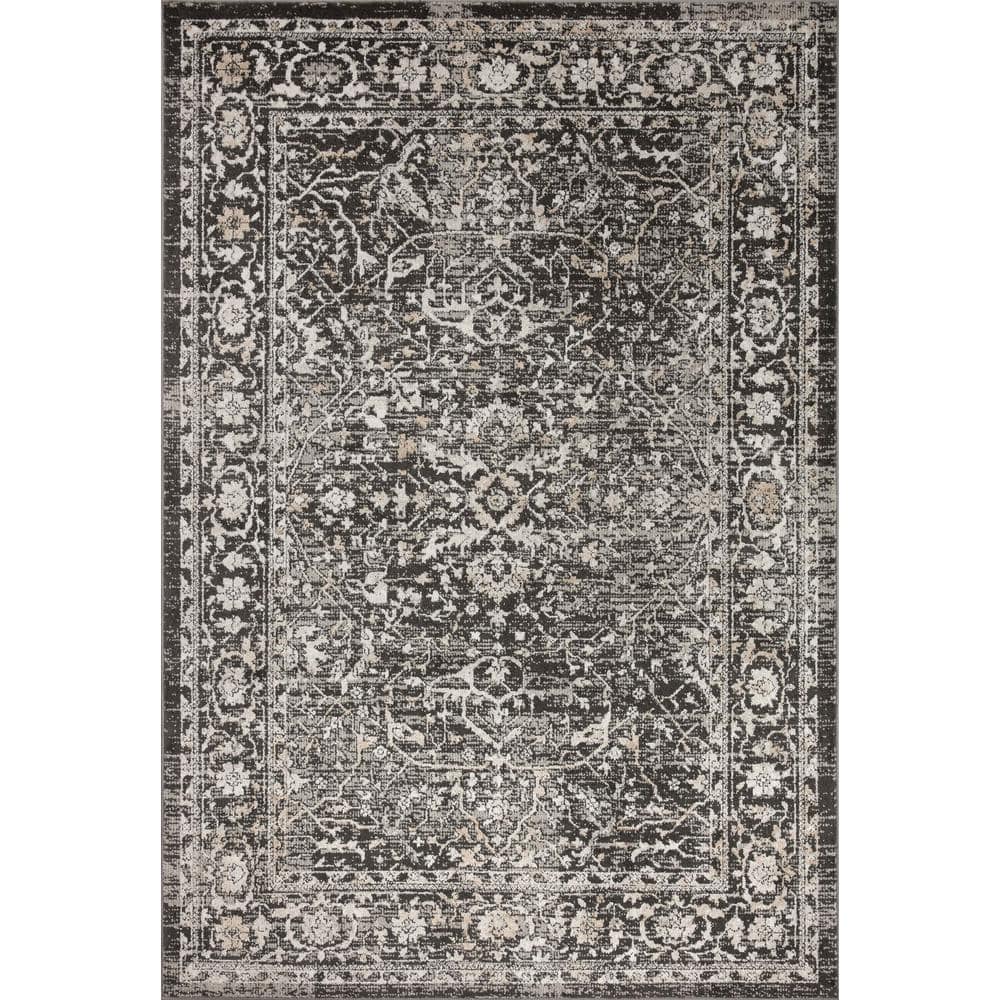 Odette Black and Silver Floral Motif Low Pile Area Rug