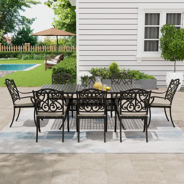 9-Piece Black Cast Aluminum Outdoor Dining Set with Extendable Rectangular Table, Dining Chairs with Beige Cushions