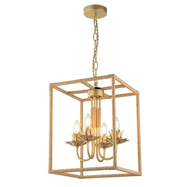 ELE Light & Decor Mila 4-Light Gold Farmhouse Woven Chandelier Natural Hanging Ceiling Light No Bulbs Included