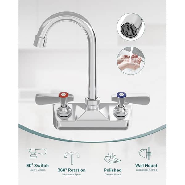 Double-Handles Commercial Sink Faucet w/ 8 in. Swivel Spout Center Wall Mount Standard Kitchen Faucet in Polished Chrome