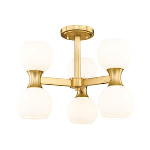 Artemis 18 in. 6-Light Modern Gold Semi Flush Mount Light with Matte Opal Glass Shade with No Bulbs Included