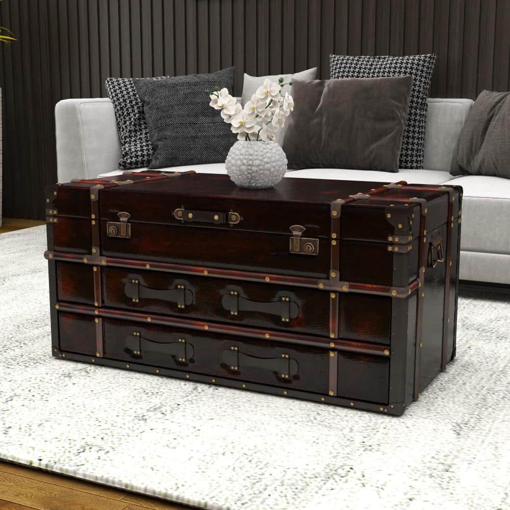 Vintage Brown Wood Trunk Coffee Table with Storage