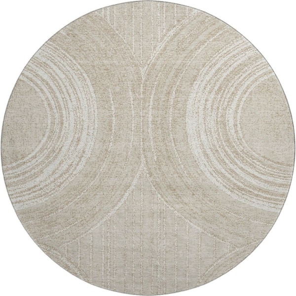 Mayfield Premium Machine Washable Abstract AMF2380 Beige 8 ft. x 8 ft. Round Rug