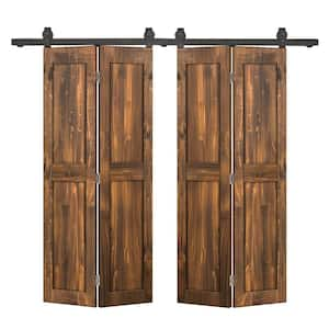 48 in. x 80 in. 2-Panel Shaker Hollow Core Walnut Pine Wood Double Bi-fold Door with Barn Door Hardware Kit