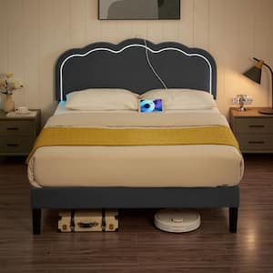 Upholstered Bed Gray Metal Frame Queen Platform Bed Adjustable Charging Station Headboard LED Lights Bed Frame